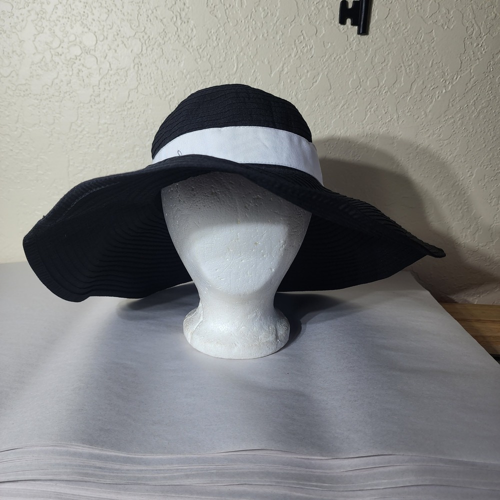 Lauren Ralph Lauren Womens Black Wide Brim Sun Hat White Ribbon O-Ring Size M